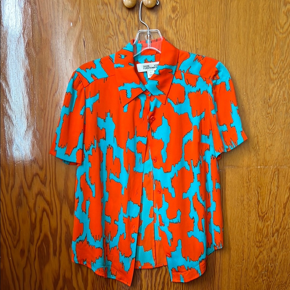 Diane Von Furstenberg - DVF - Red/Orange and Blue Abstract Blouse